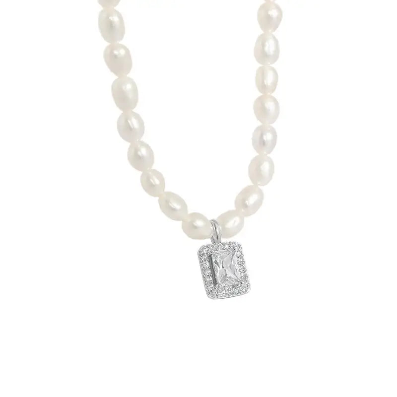AIJIER Korean Version INS Desig Natural Freshwater Pearl Square Pendant Micro-inlaid Zircon Rhodium Plated S925 Necklace