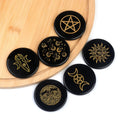 Obsidian DIY Craft Ornament 55mm Round Flat Gemstone with Engraved Obsidian Star Moon Energy Stone
