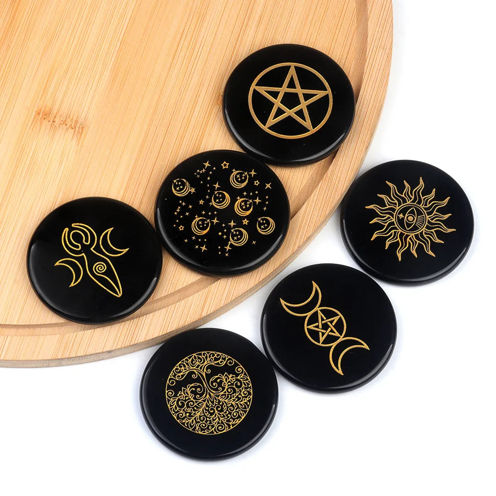 Obsidian DIY Craft Ornament 55mm Round Flat Gemstone with Engraved Obsidian Star Moon Energy Stone