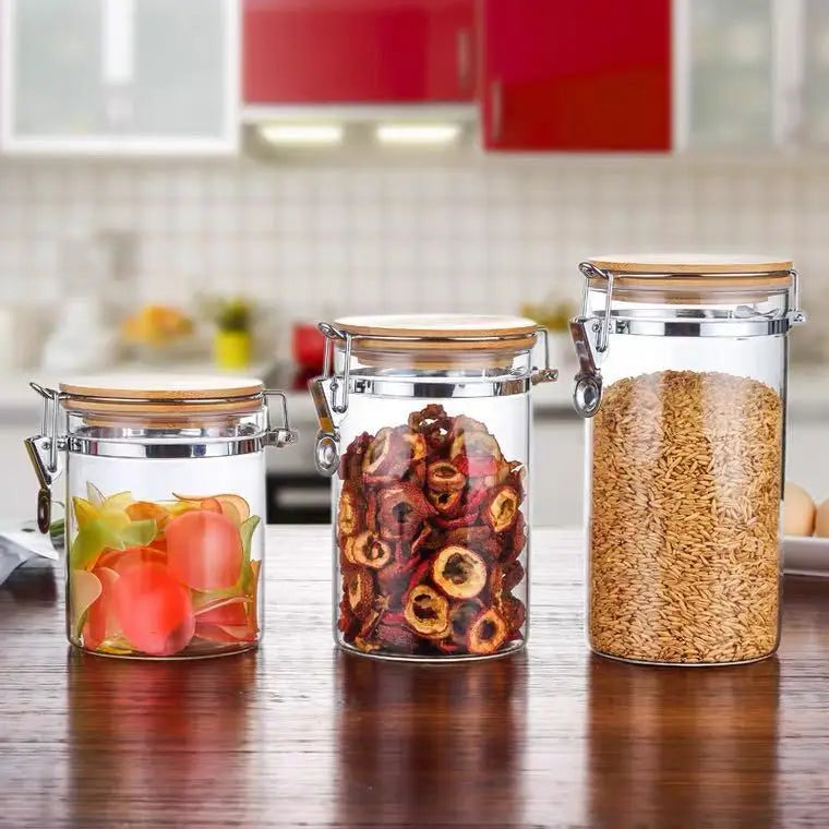 Hot Sale Kitchen Food Container High Borosilicate Sealed Food Spice Jar Clear Glass Storage Jar With Stainless Steel Clips