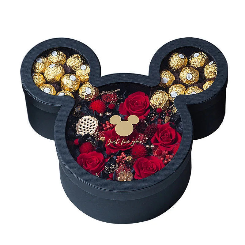 Wholesale Luxury Round PVC Window Mickey Mouse Rose Arrangement Bouquets Cardboard Paper Gift Package Blossom Hat Flower Box
