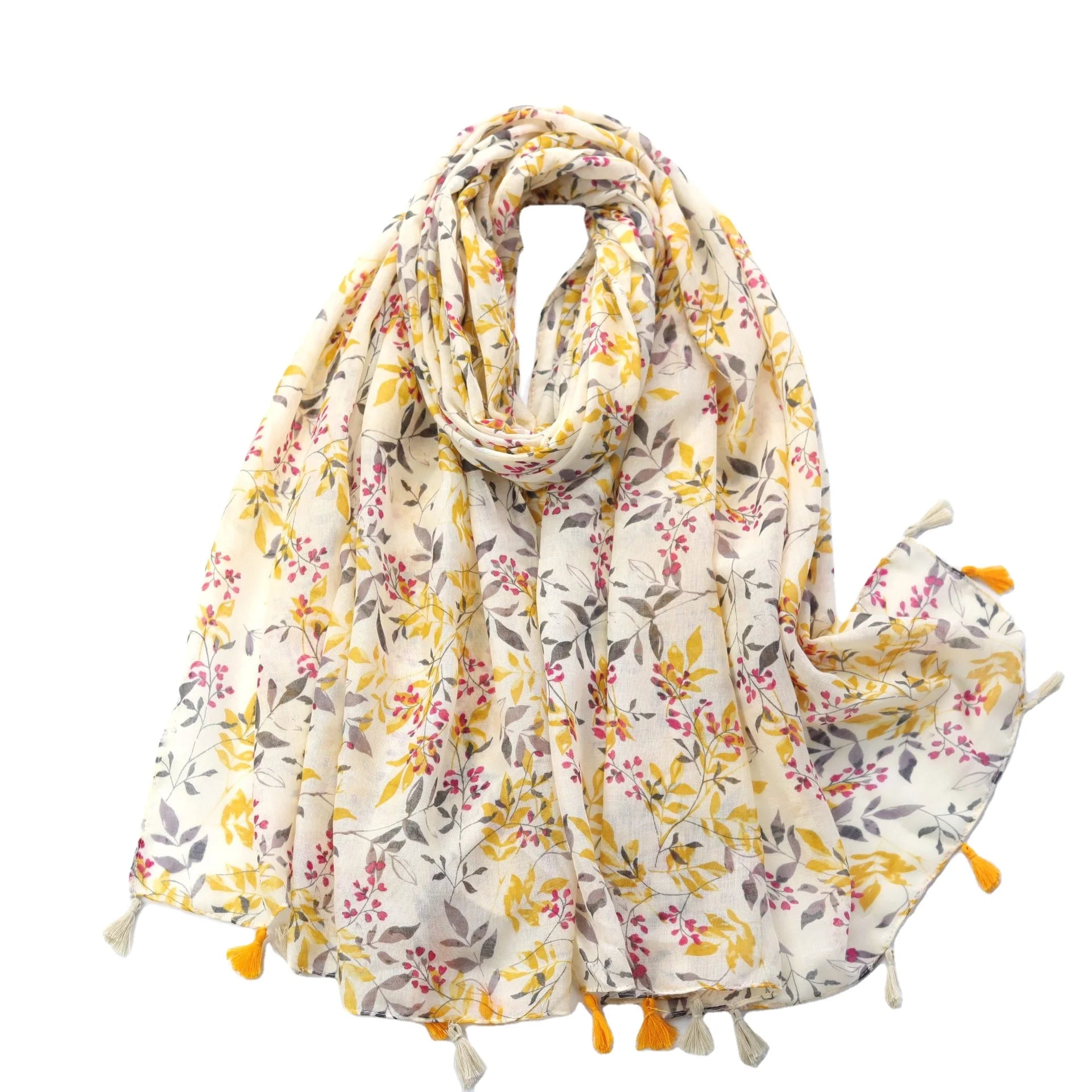 Women's Korean Style Long Pashmina Wrap Spring Cotton Tassel Shawl with Floral Voile Soft Summer Scarf for Autumn Sun Protection
