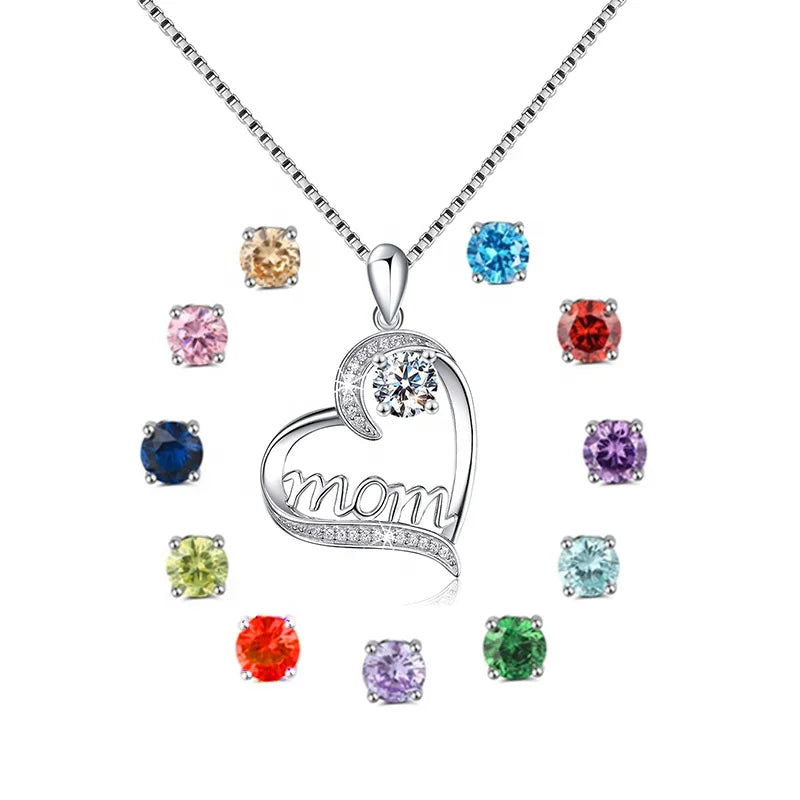 GP113 Fashion Necklace for Mom 925 Sterling Silver Zircon Love Heart Pendant Birthstones Jewelry Mother Birthday Anniversary