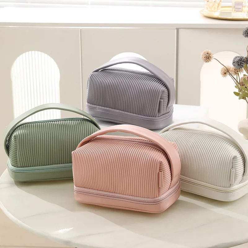 Qetesh Toiletry Bag Custom Large Capacity Waterproof Travel Portable Two-layer Makeup Cosmetic Bags with Handle