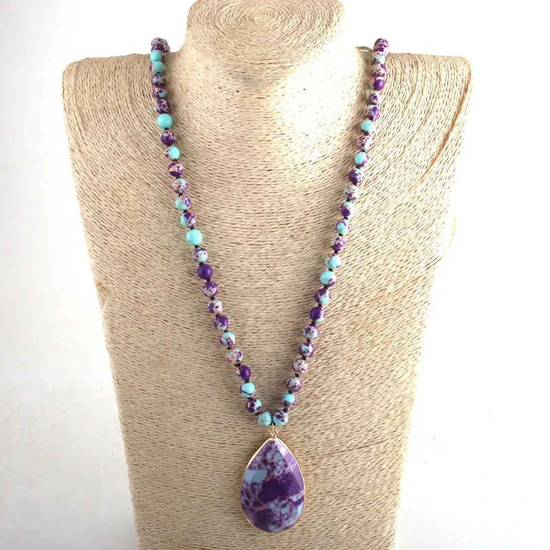 Fashion Bohemian Jewelry 8mm Stones Long Knotted With Stone Drop Pendant Necklaces for Women Gift