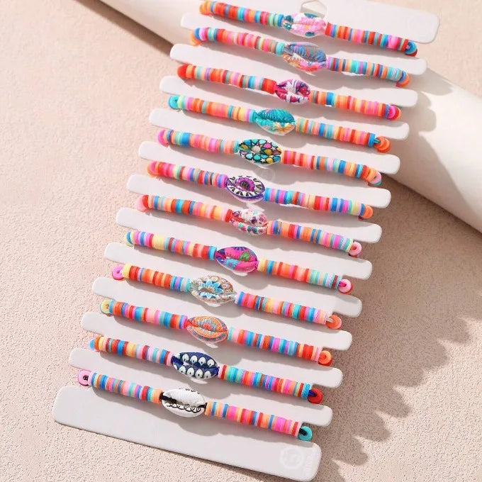 Boho Rainbow Shell Polymer Clay Woven Bracelet Set Friendship Stackable Heishi Surfer Beaded Bracelets Summer Beach Jewelry