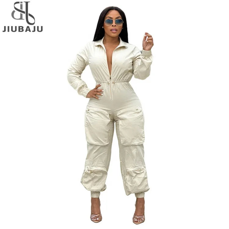 Fashion Zipper Long Sleeve Jumpsuits Street Casual Clothing for Woman 2025 Casual Bodycon Pocket Jumpsuits