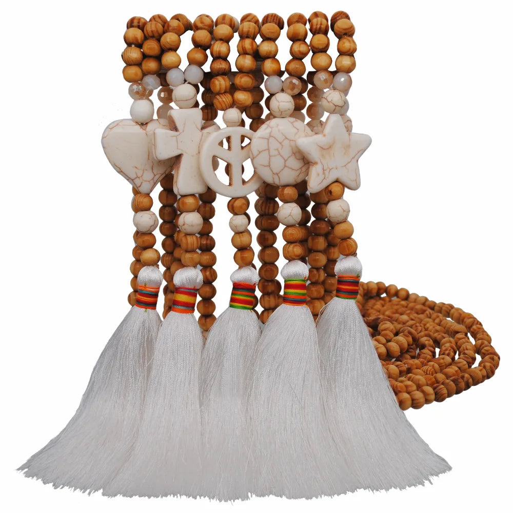Cross-border Retro Wood Beaded Necklace with Tassel Long Necklaces with Tassels for Women
