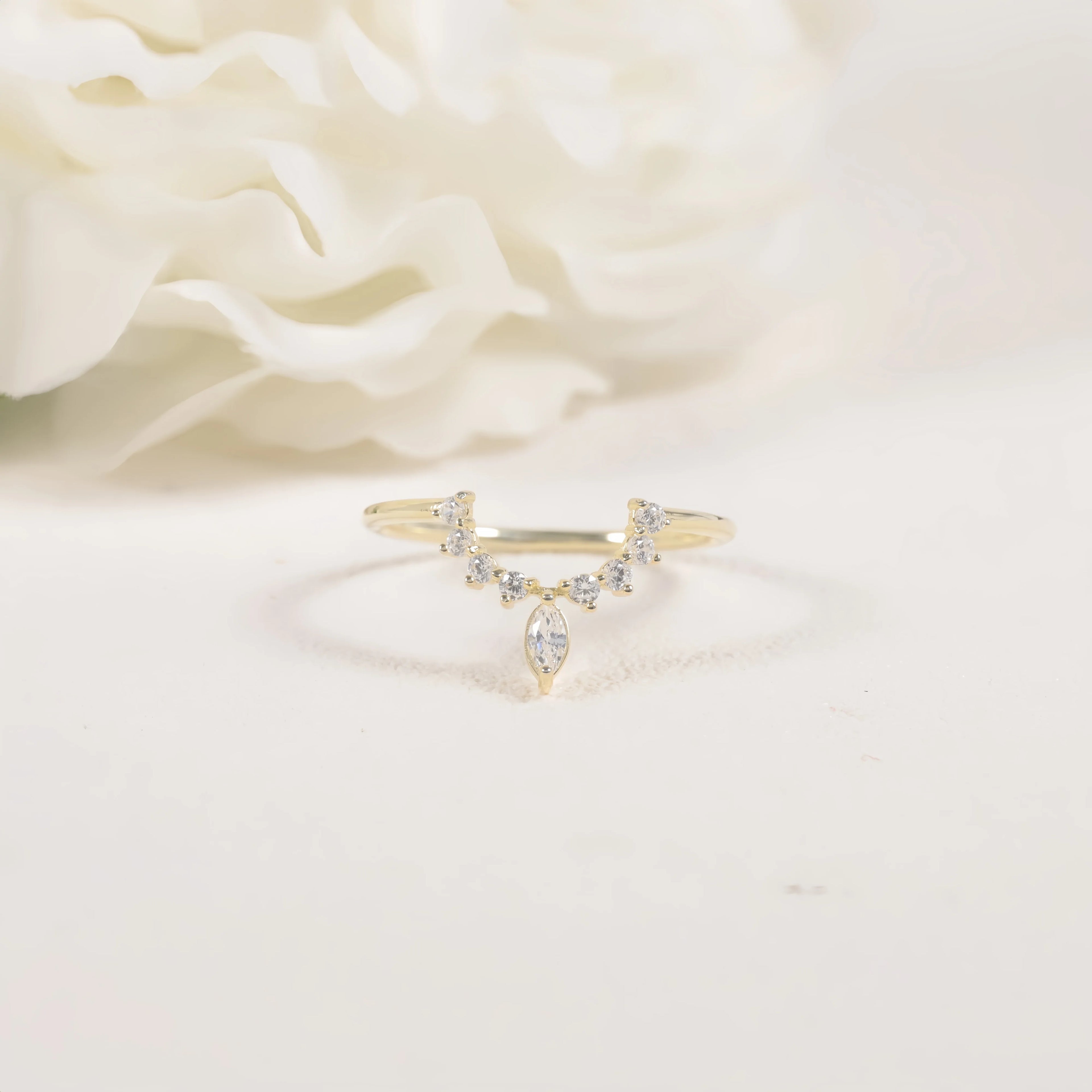 14 Karat Yellow Gold V Shaped Wedding Band Curved Moissanite Wedding Lunette Diamond Ring with Marquise & Round Lab Diamonds