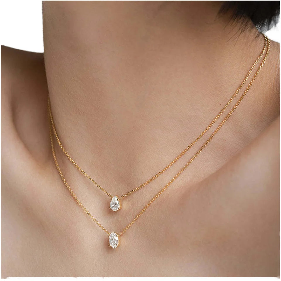 Wholesale 18K Gold Stainless Steel Crystal Necklace with Non-Tarnish Tear Drop Pendant Featuring One Stone Oval Zircon Charms