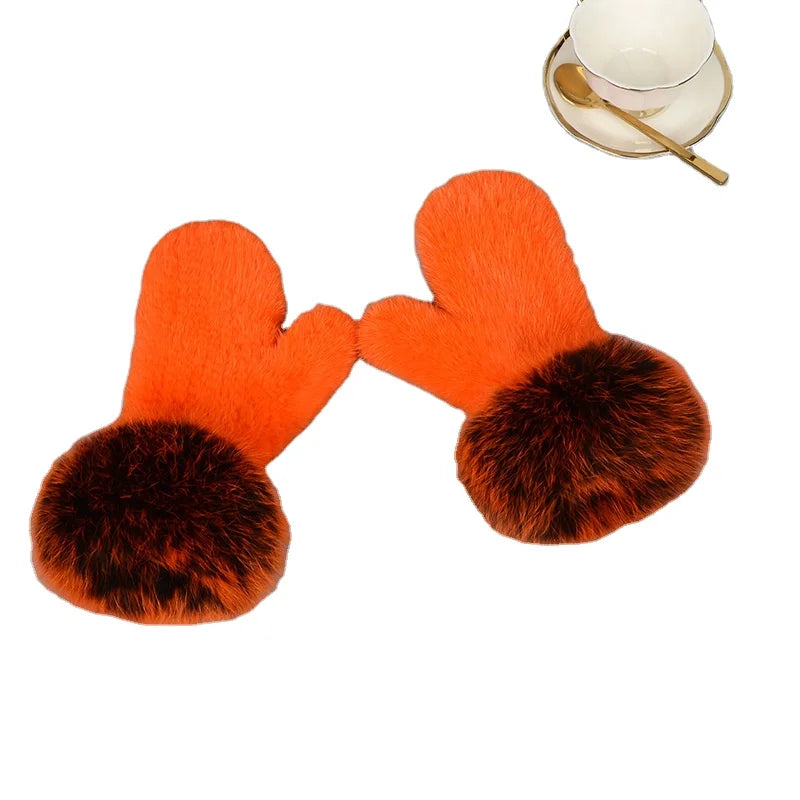 2025 Winter Knitted Real Mink Fur Gloves for Women Woven Mink Fur Mittens Covered Fingers