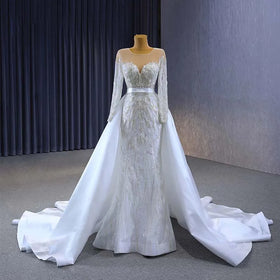 Hot Sale Nowadays Ivory Belt Long Sleeve Mermaid Wedding Dress With Detachable Train Jancember Rsm222226