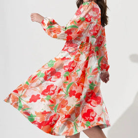 2023 European and American Women's Spring and Autumn Deep V Print High Waist Casual Long Sleeve Bohemian Style Dress