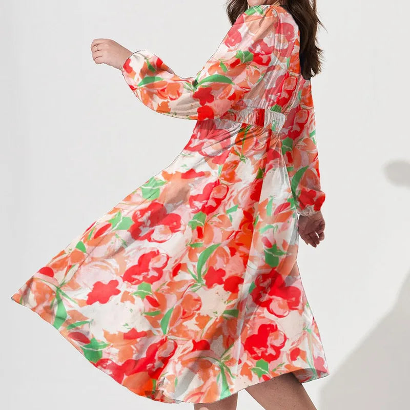 2023 European and American Women's Spring and Autumn Deep V Print High Waist Casual Long Sleeve Bohemian Style Dress