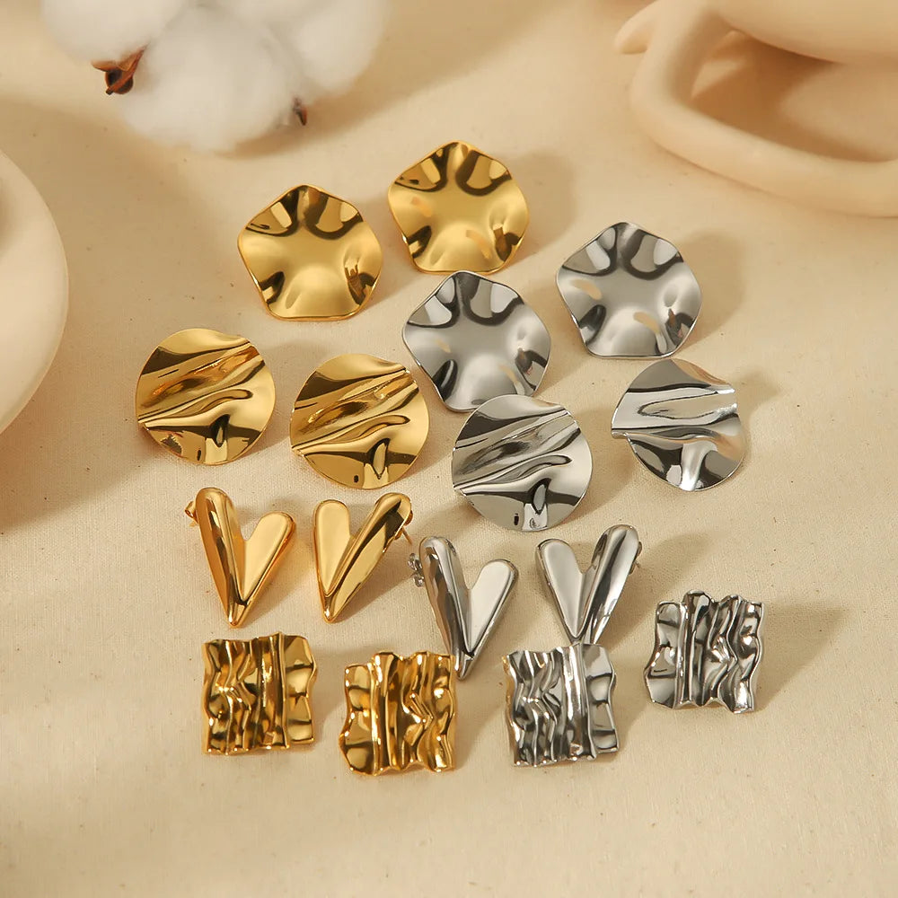 18K Gold Pleated Stainless Steel Earrings Irregular Geometric Stereo Fashion Earrings for Women