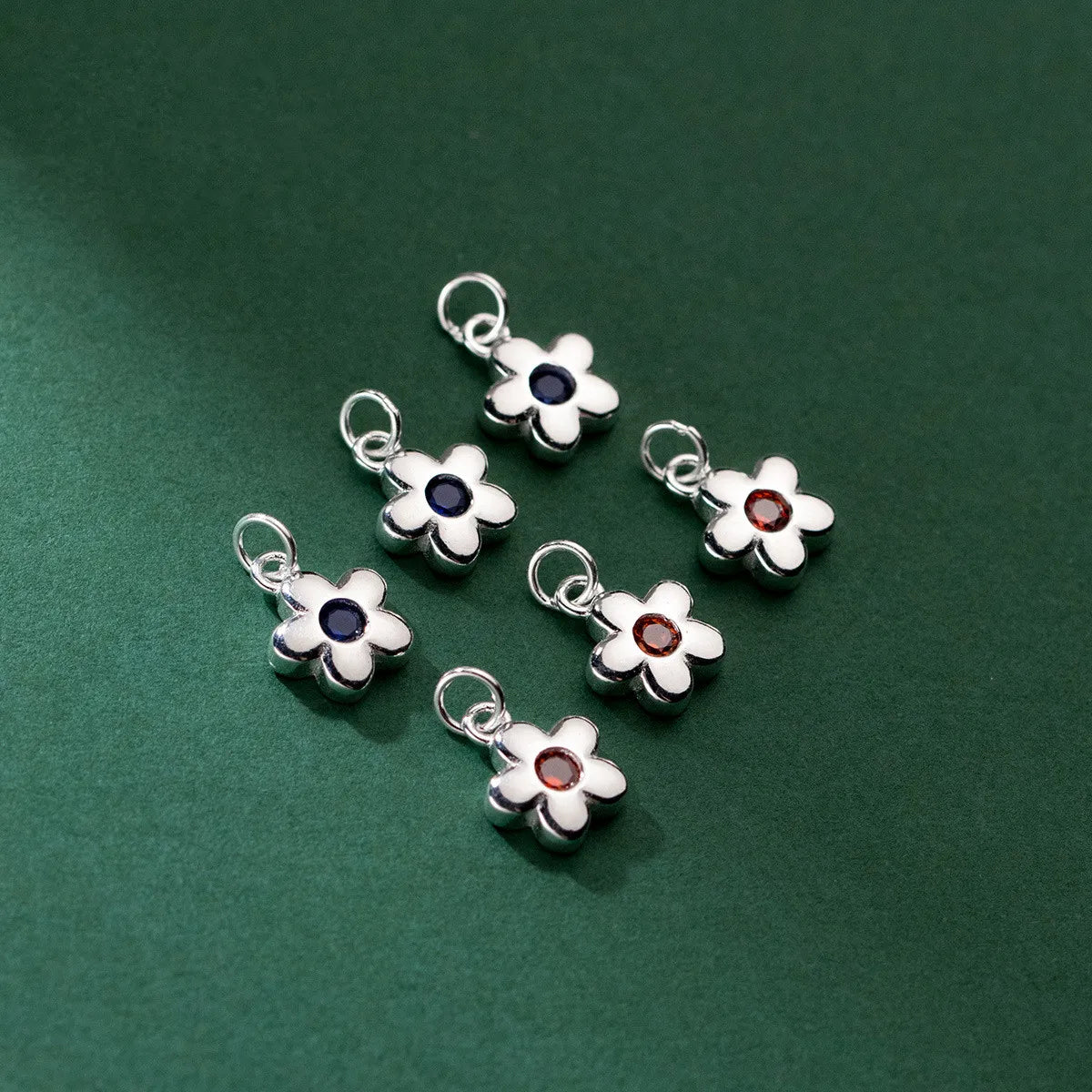 Wholesale 925 Sterling Silver Red Blue Zircon Flower Charms for Necklace Jewelry Making
