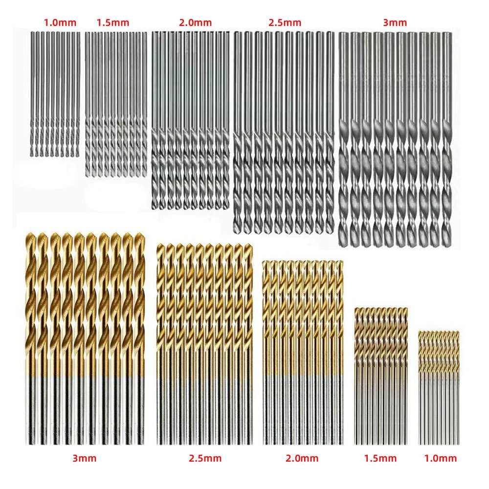 50pcs Titanium Plated Twist Drill Set High Speed Steel Straight Shank Miniature Open Hole Twist Drill 1-3mm Electric Drill Bits