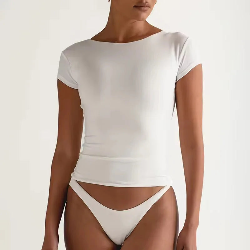 Custom 4-Way Stretch Women Sportswear Low Back Short Sleeve Active Yoga Tops Compression Soft Tight Fit Crop Gym T Shirts