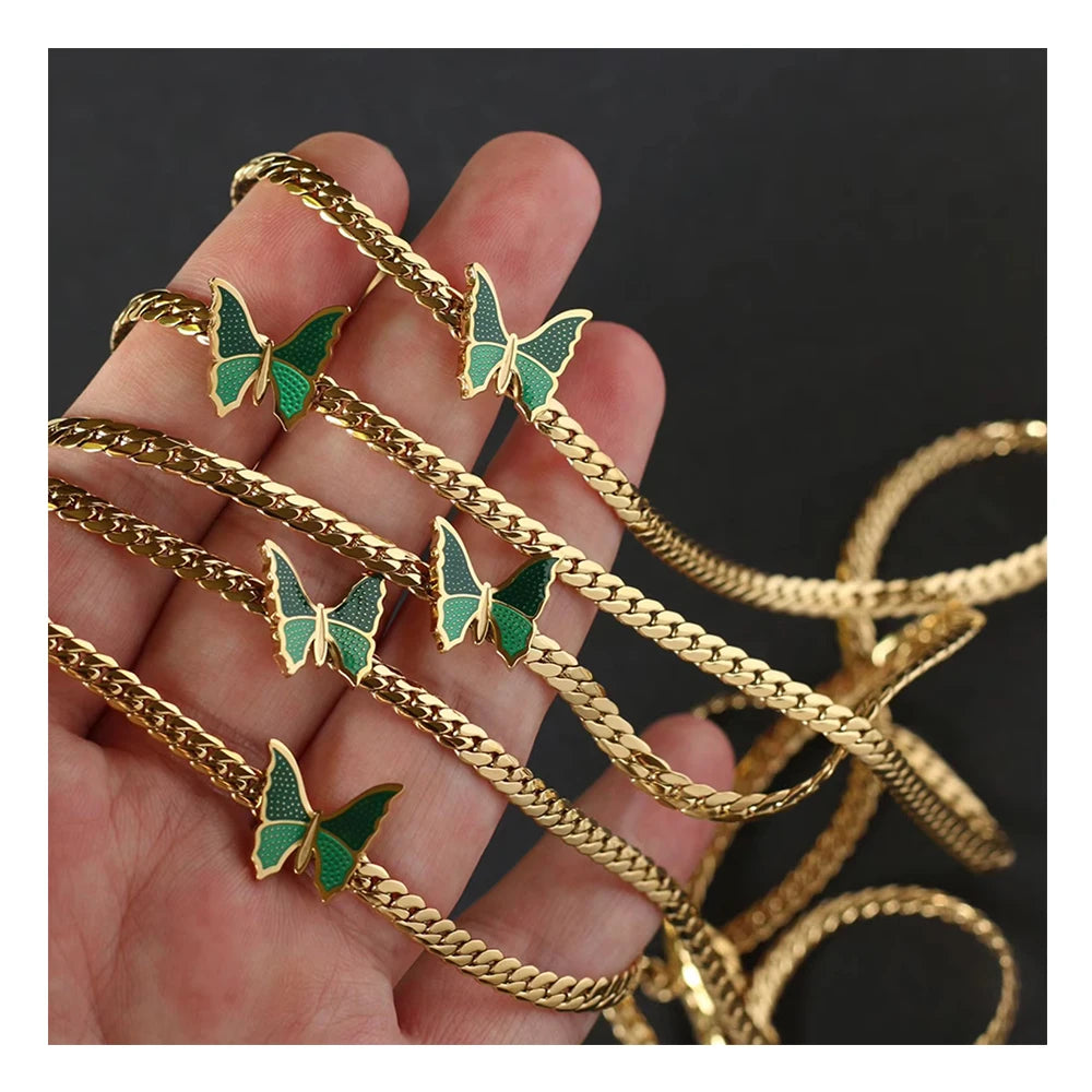 Fashion Jewelry 18K Gold Plated Butterfly Choker Stainless Steel Flat Snake Chain Necklace for Gifts