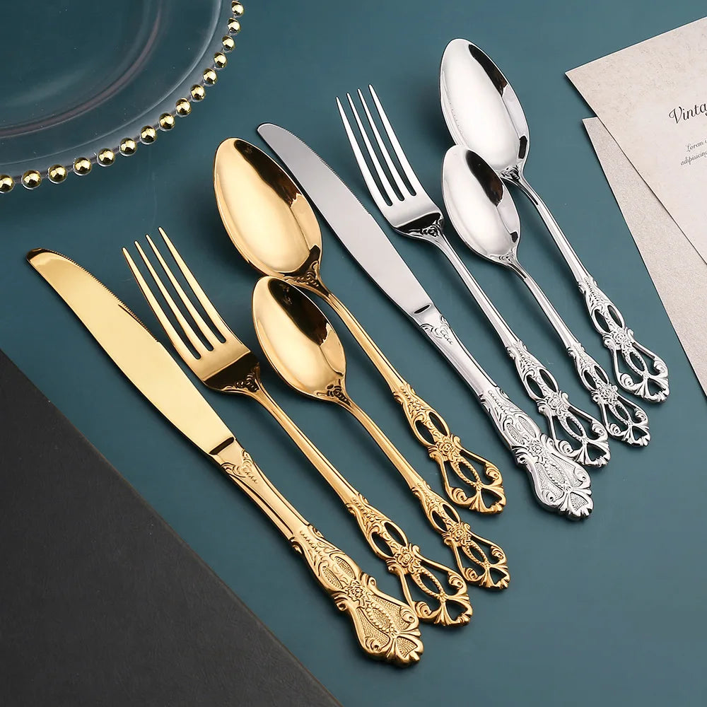 Luxury Antique Handle Stainless Steel Vintage Silverware Flatware Banquet Cutlery Set in Silver and Gold for Wedding