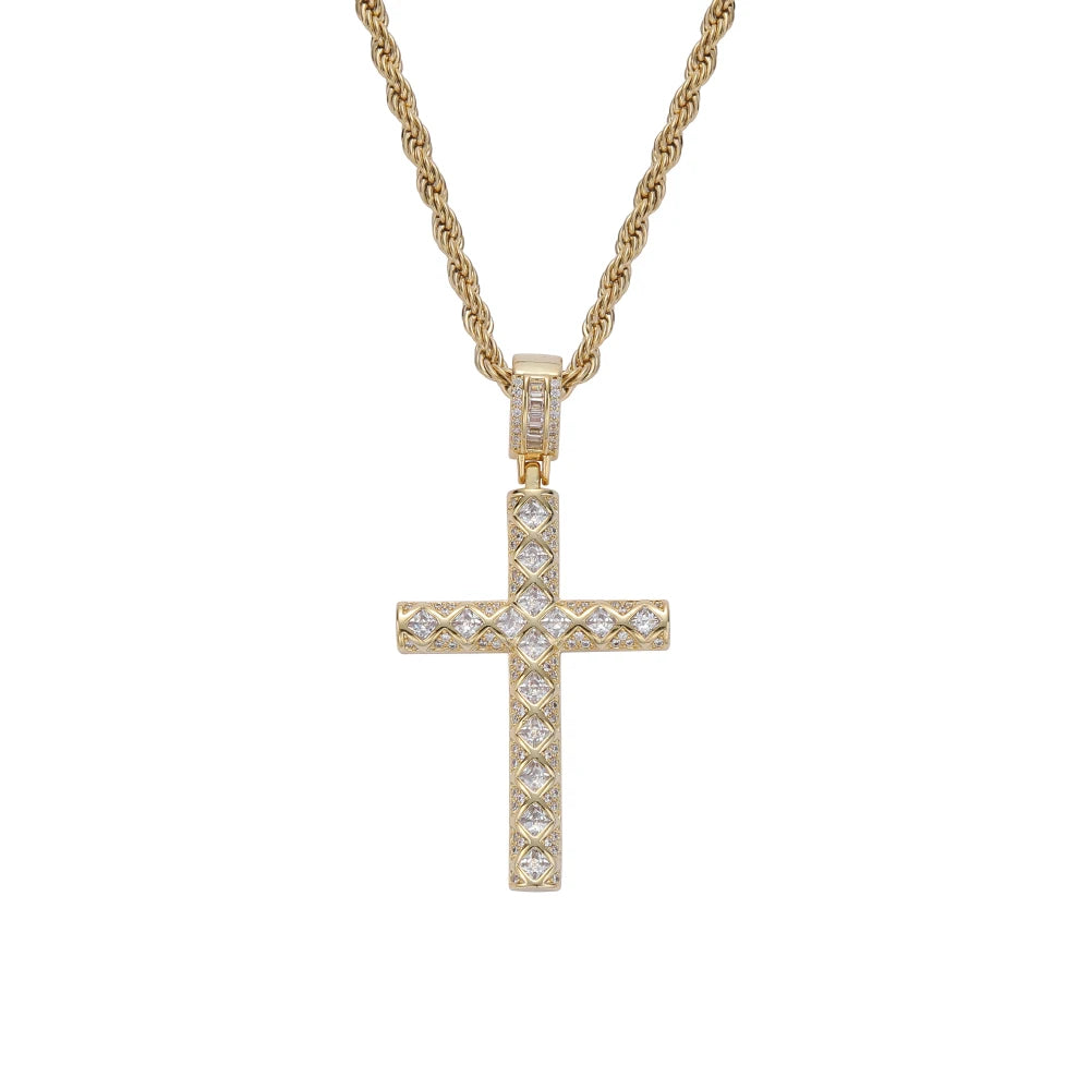 CN377 Cross Pendant Bling Bling Brass Setting CZ Hip Hop Necklace Iced Out Jewelry