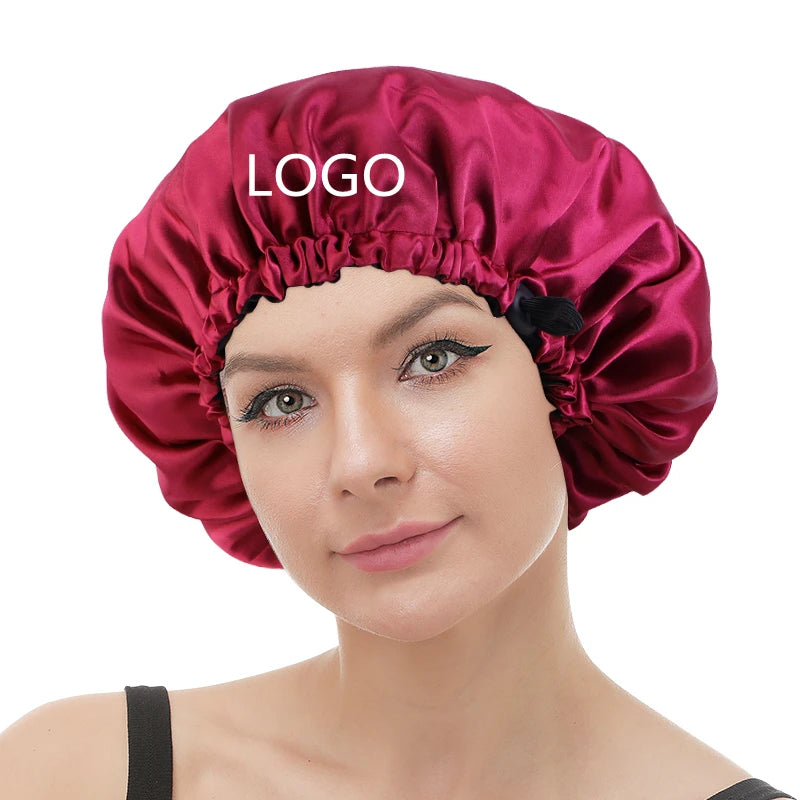 Low MOQ Hair Bonnet Custom Logo Double Layer Reversible Satin Bonnets With Logo for Sleeping