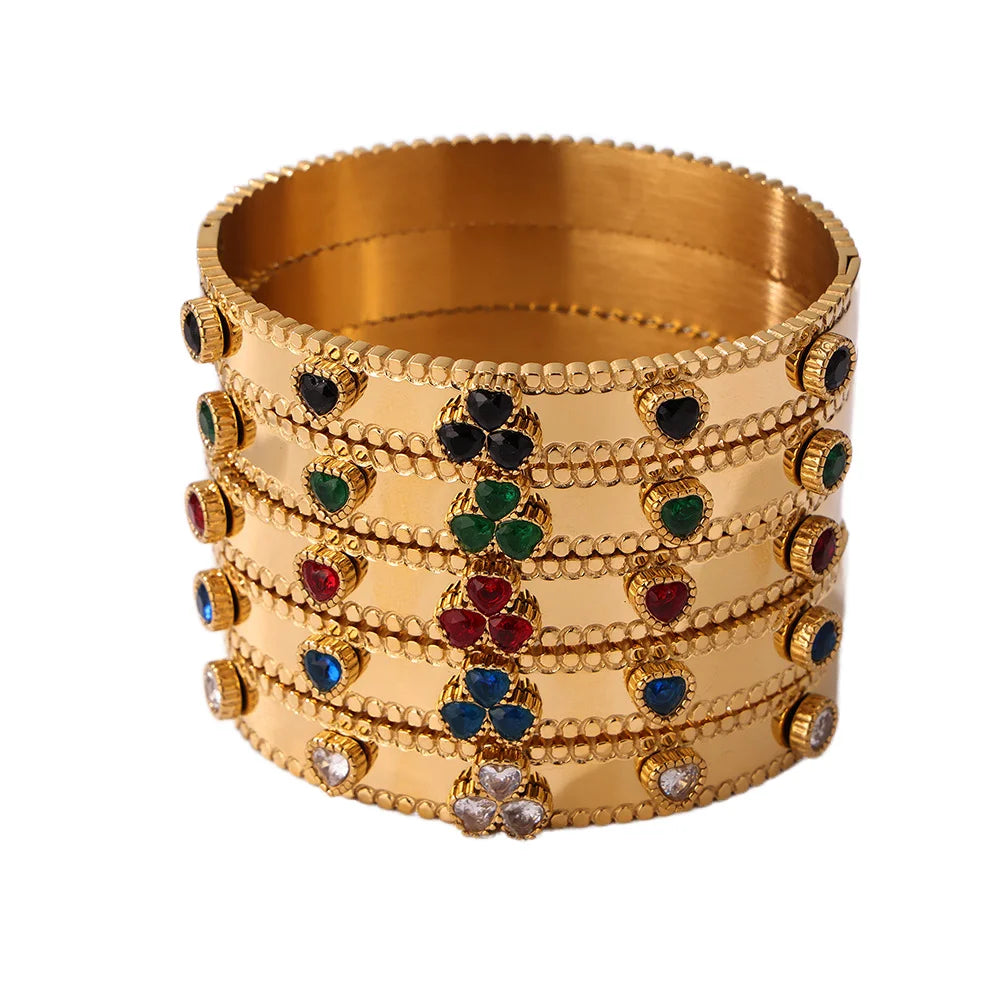 18K Gold Plated Stainless Steel Clover Cuff Bracelet for Women Daily Jewelry with Lucky Flower Zircon for Gifts