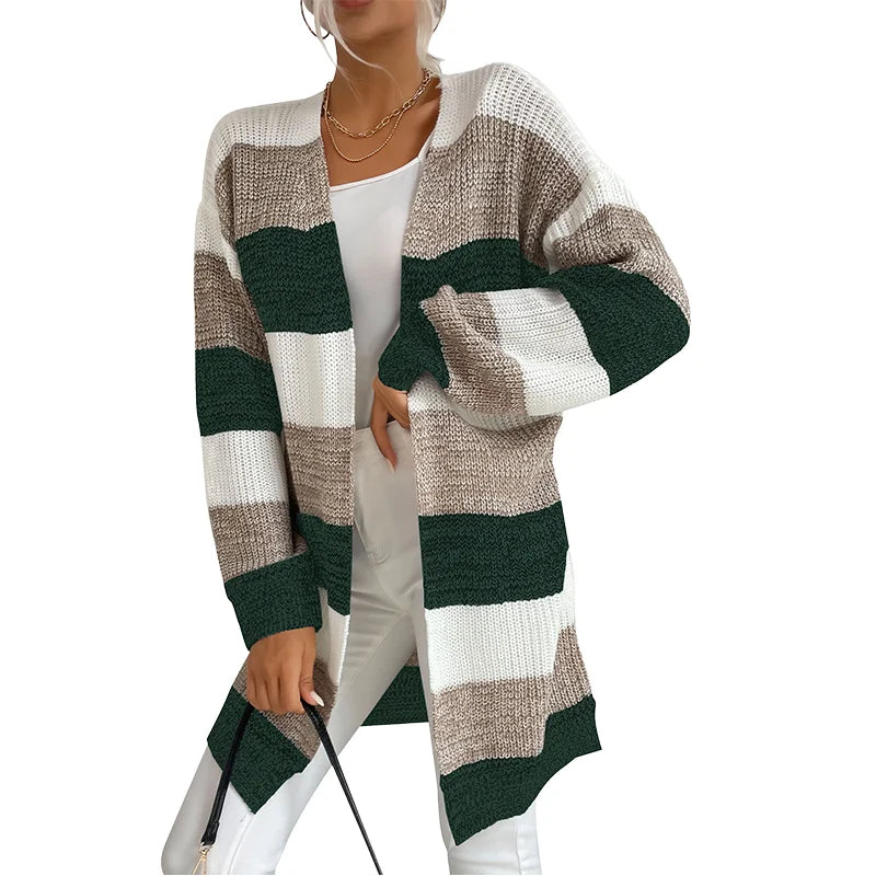Women's Long Sleeve Open Front Cardigan Color-Block Sweater Coat with Loose Knit Breathable Winter Outwear