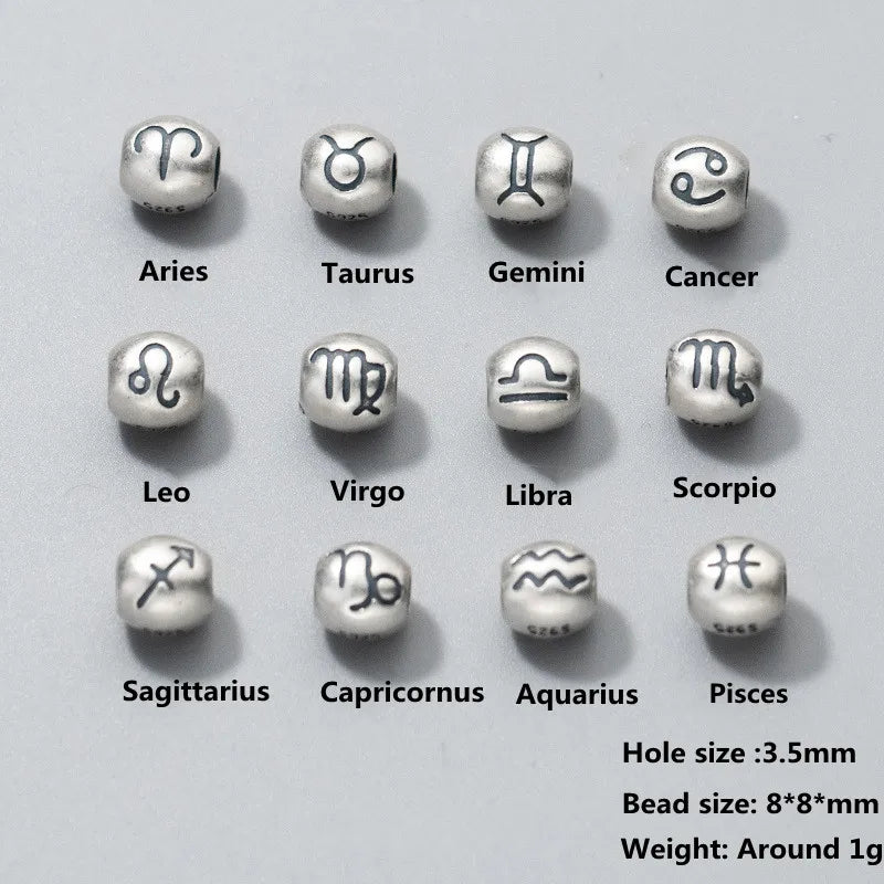 New 925 Sterling Silver 12 Zodiac Sign Spacer Beads Horoscope Charm Embossed Beads for Bracelet Making