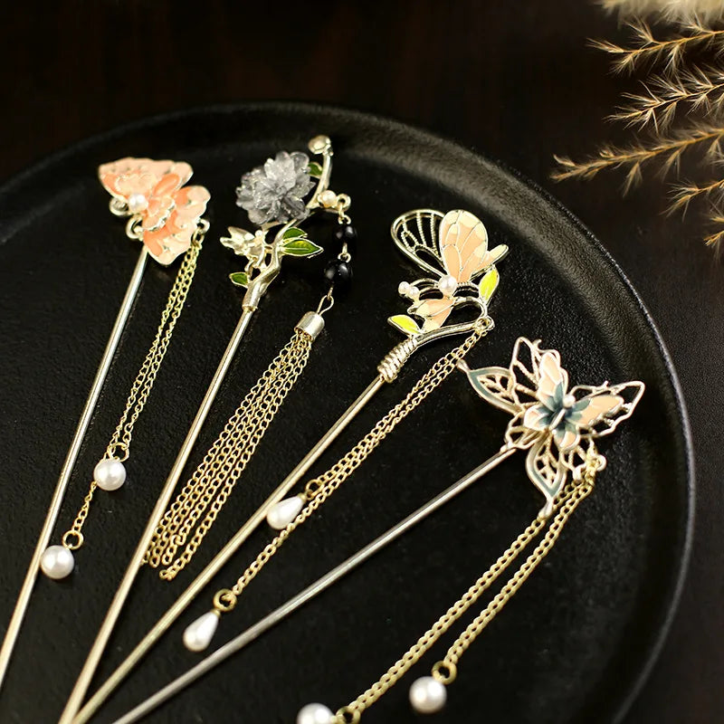 Chinese Style Tassel Hair Clip for Women Hair Stick Pins Flower Butterfly Handmade Hairpins Charm Jewelry Accessories Ornaments