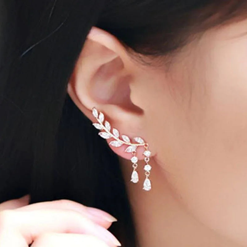 Fashion Leaves Earring Diamond Stud Gold Earrings Wedding Tassel Drops Ear Cuff Earrings
