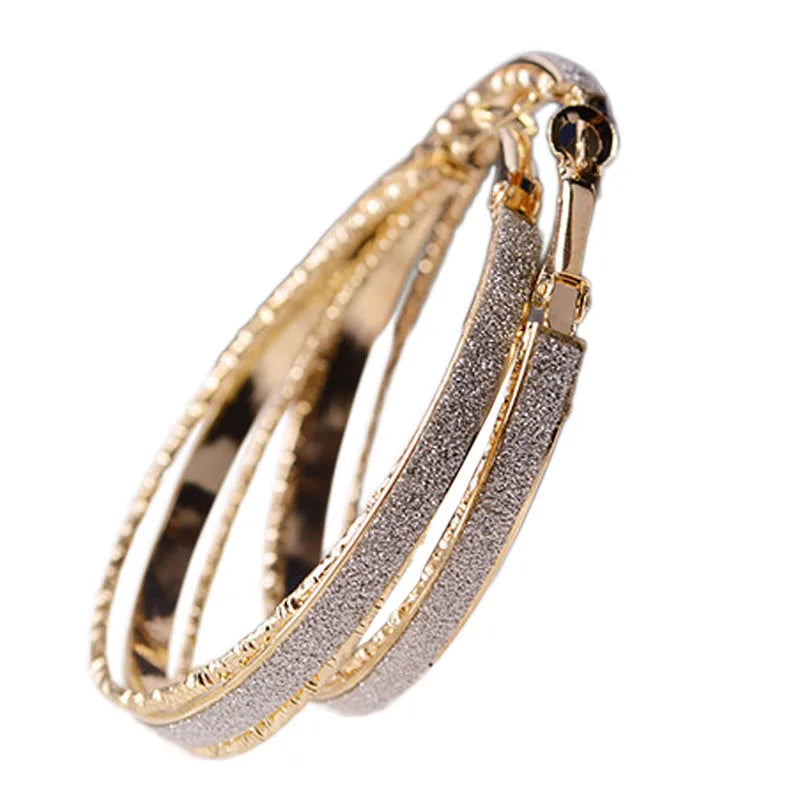 New Trendy Elegant Exaggerated French Alloy Frosted Round Ring Stud Hoop Earrings With Ear Loops for Girl