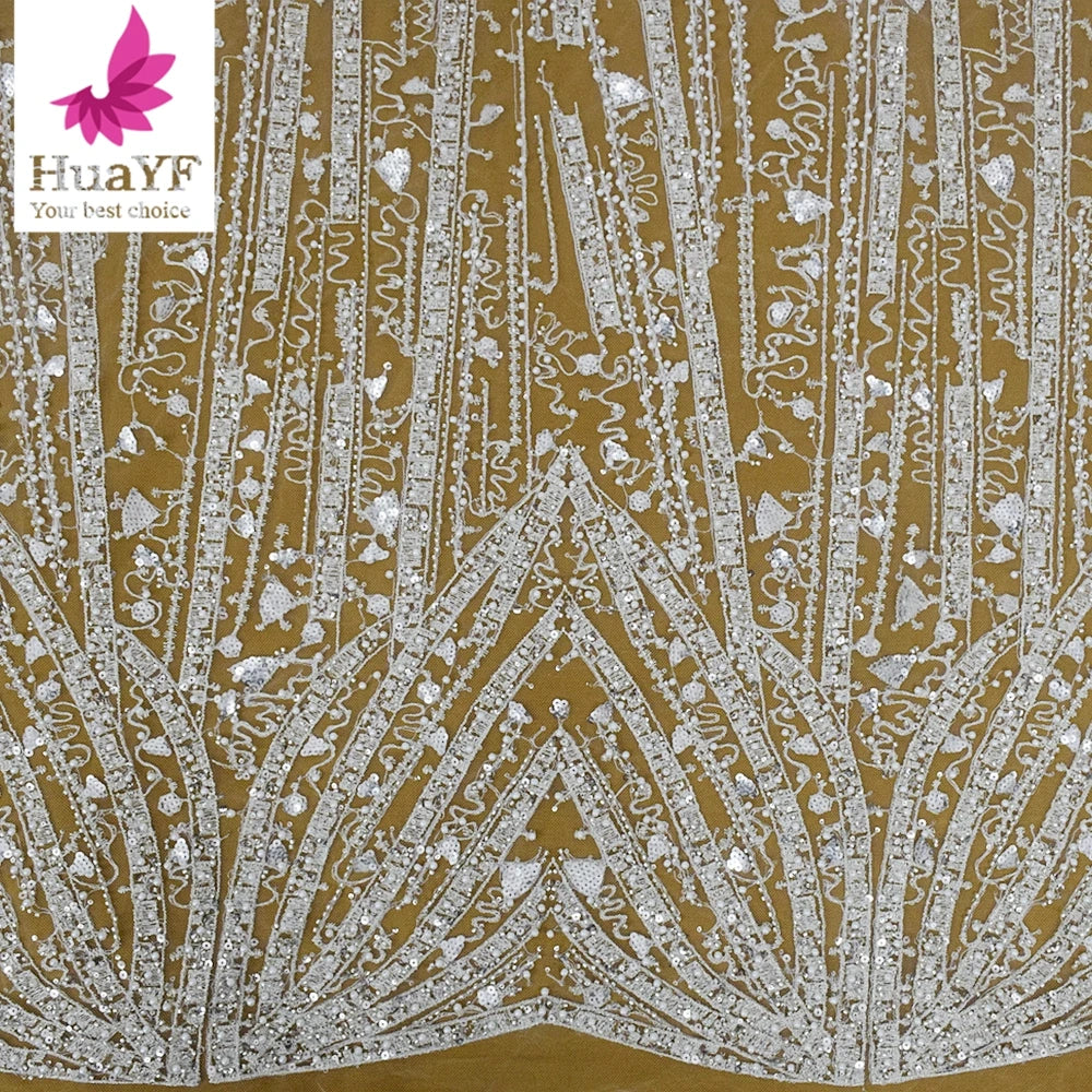 HY2080-3 White Fancy Beaded Embroidered Tulle Lace Fabric High-end Austrian Mesh for Nigerian Wedding Party