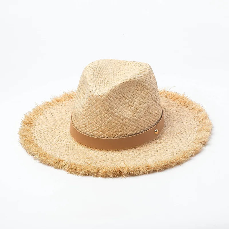 Shinehats 2025 Unisex Retro Sombrero Frayed Brim Striped Ribbon Raffia Straw Panama Hat Summer Sun Beach Travel Casual 3D