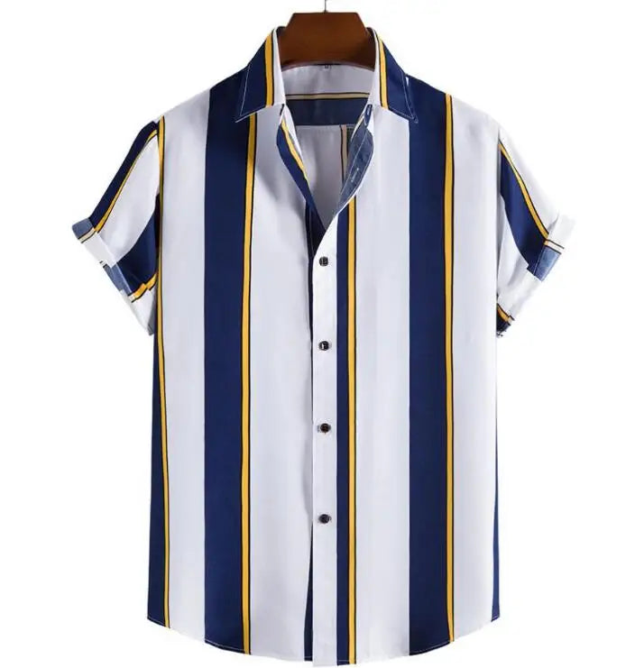 Men's Casual Striped Digital Printed Polyester/Cotton Short Sleeve Turn-Down Collar Summer Shirts