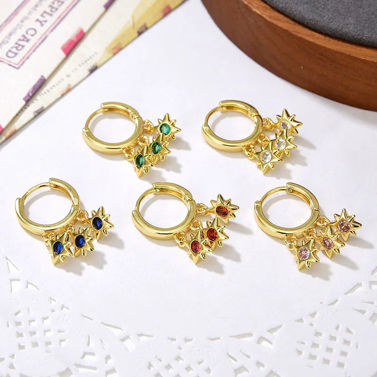 EC1875 2022 Womans Fashion Gold Plated Triple CZ Micro Pave North Star Dangle Dangling Charms Hoop Huggies Earrings