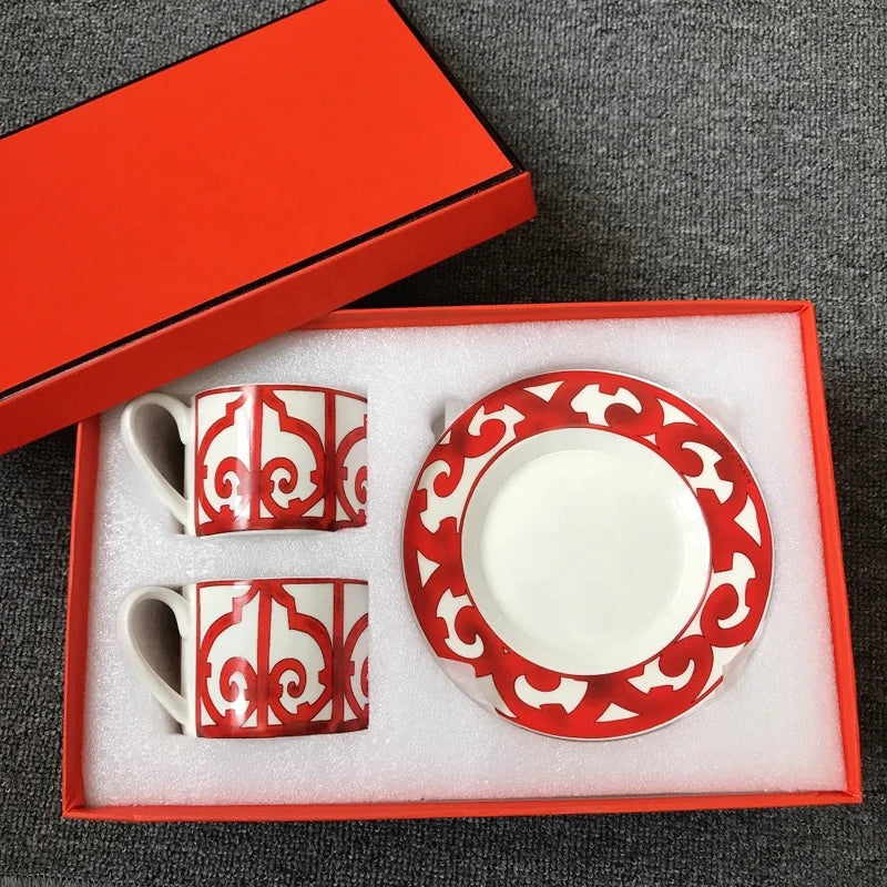 Wholesale 2 Cups Nordic Red Railing Ceramic Coffee Tea Sets Porcelain Cups and Saucers