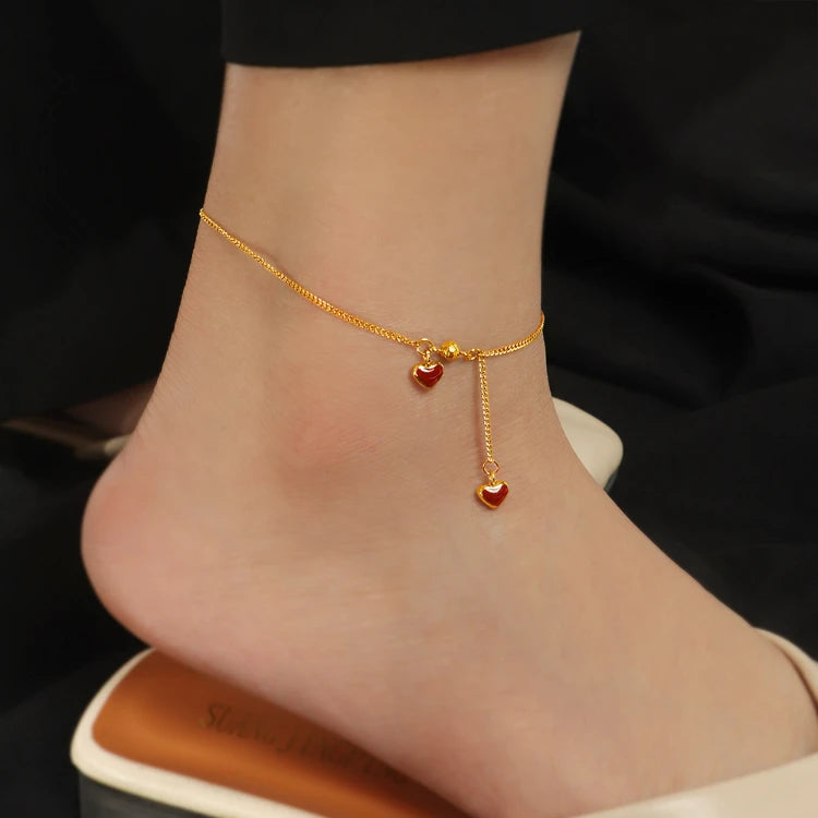 MC310 Wholesale Titanium Steel Love Heart Shaped Pendant Anklets 18k Gold Plated Chain Two Red Enamel Heart Fashion Anklets