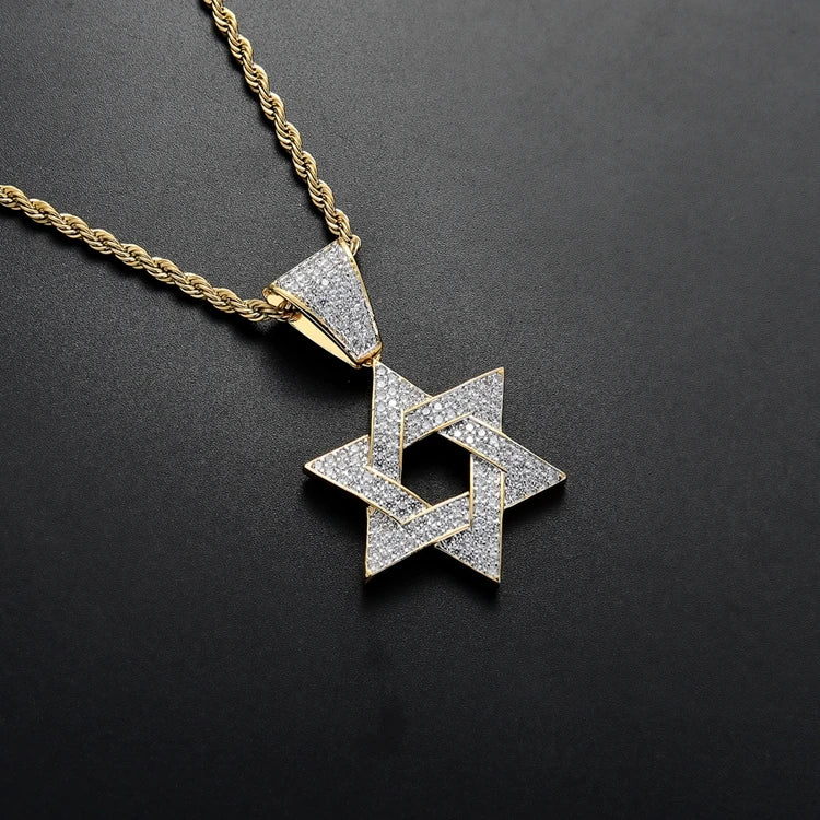 18K Gold Plating Man Necklace Jewelry for Men Star of David Diamond Hiphop Necklace