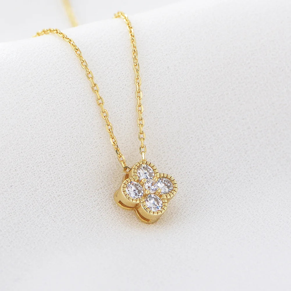 Four Leaf Clover CZ Diamond Charm Fine Gold 925 Sterling Silver Necklace Jewelry Sets