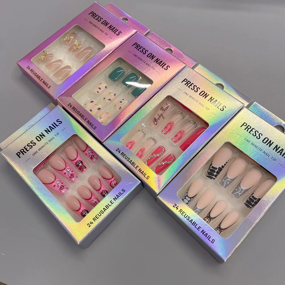 Wholesale Vendor Custom Logo Acrylic Artificial Nails Private Label False Nails Long French Style Reusable Nail Express Manicure