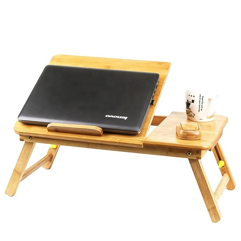 Bamboo Laptop Desk Foldable Bed Tray Breakfast Table Height Adjustable Laptop Stand with 4 Angles Tilting Top