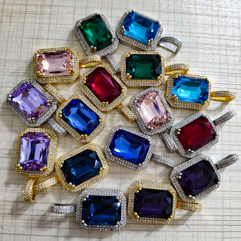 Nuoya Custom Hip Hop Jewelry Square Gemstone Pendant Necklace Claw Setting Colorful Baguette Diamond Pendant  for Men