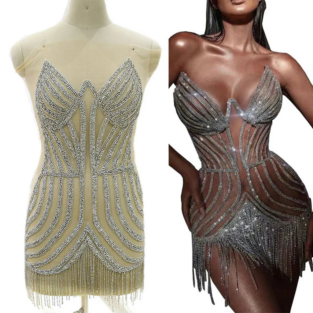 WDP-420 Gold Sliver Crystal Beaded Rhinestone Wedding Orange Bodice Applique for Bridal Bridesmaid Evening Party Dancing Dress