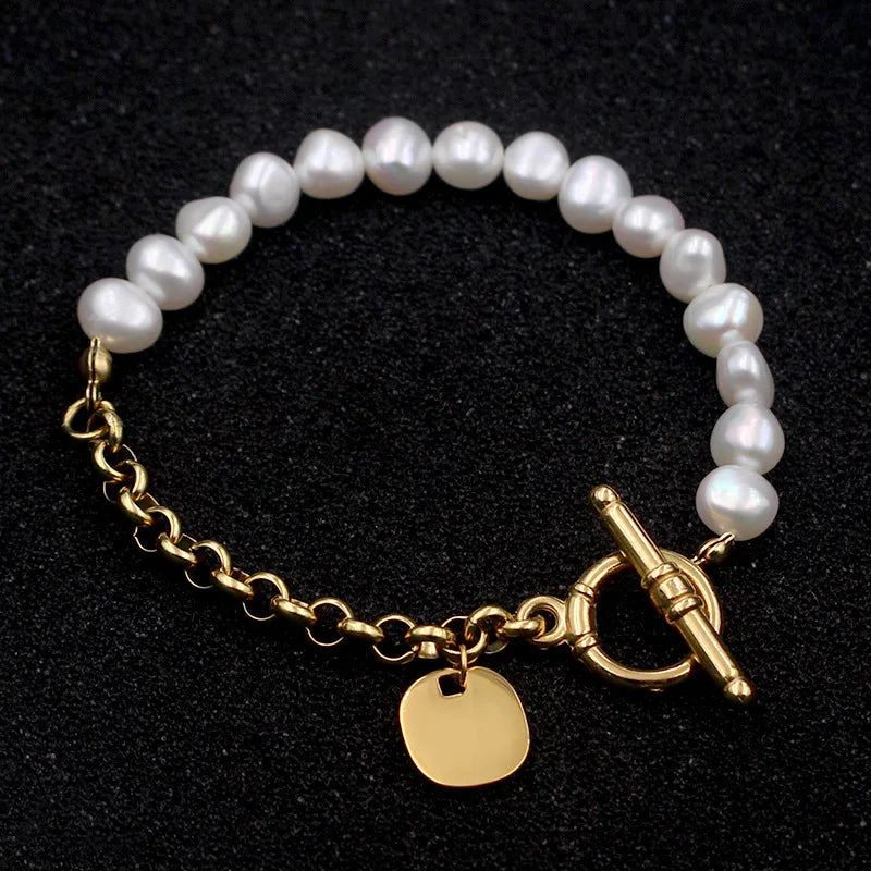 100% Natural Baroque Freshwater Pearl Bracelet with 18K Gold Chain Mixed Stainless Steel for Wedding or Christian Gift