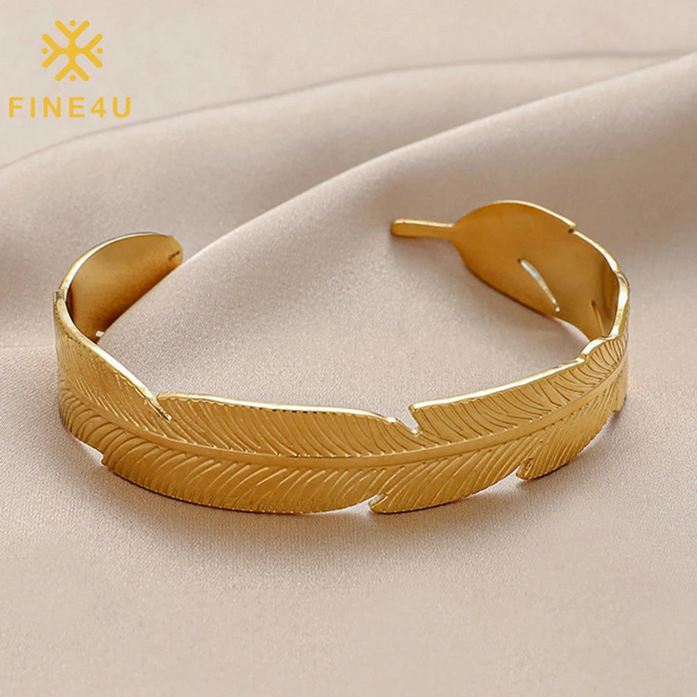 Fashion Autumn Jewelry Women Stainless Steel Gold Plated Feather Open Cuff Chunky Bracelet Leaf Bangle