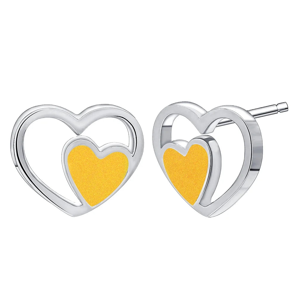 Heart-shaped Yellow Enamel 18K Gold Plated in Shiny New Classic Silver 925 Open Heart Earrings Stud