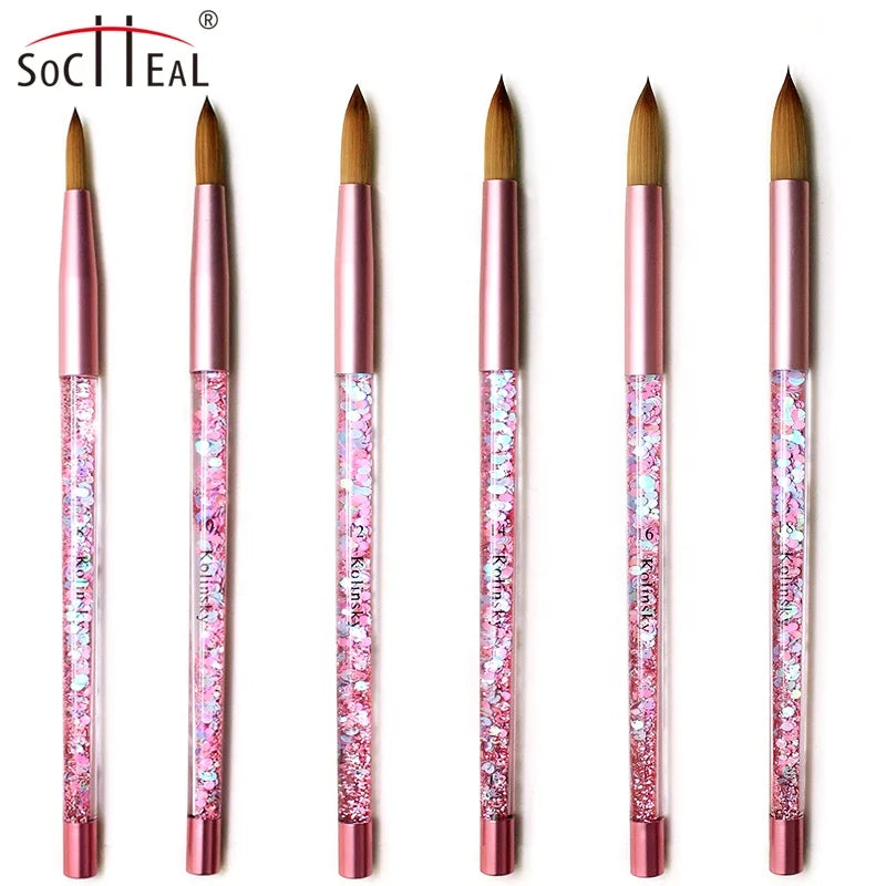 Hot Sale Oval Acrylic Nail Art Brush with Pink Liquid Glitter Handle Kolinsky Hair 3D Carved Brush for Manicure