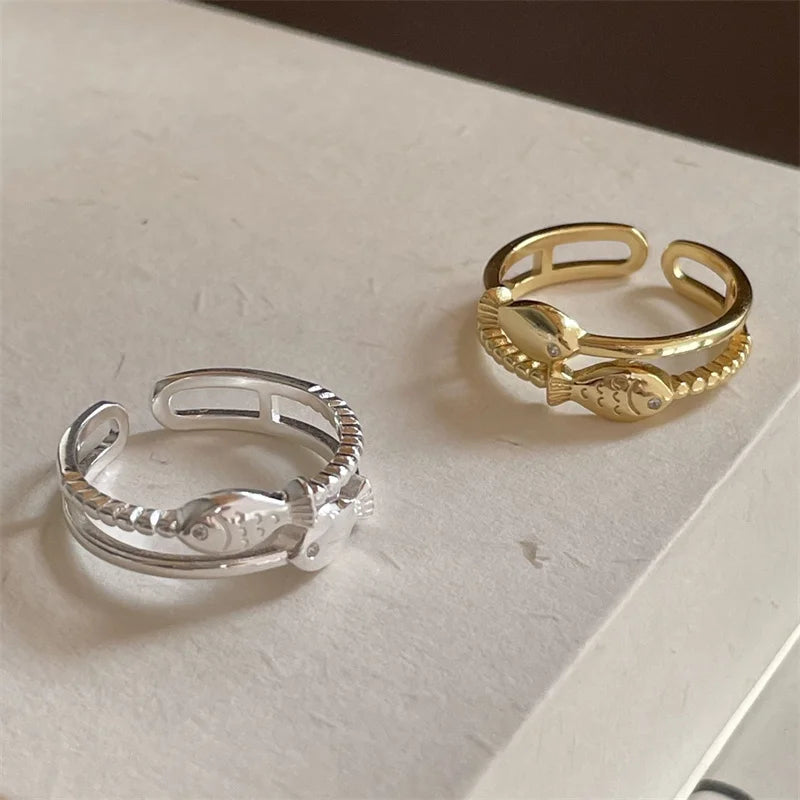 Non Tarnish Fish Ring 925 Sterling Silver Double Fine Open Rings