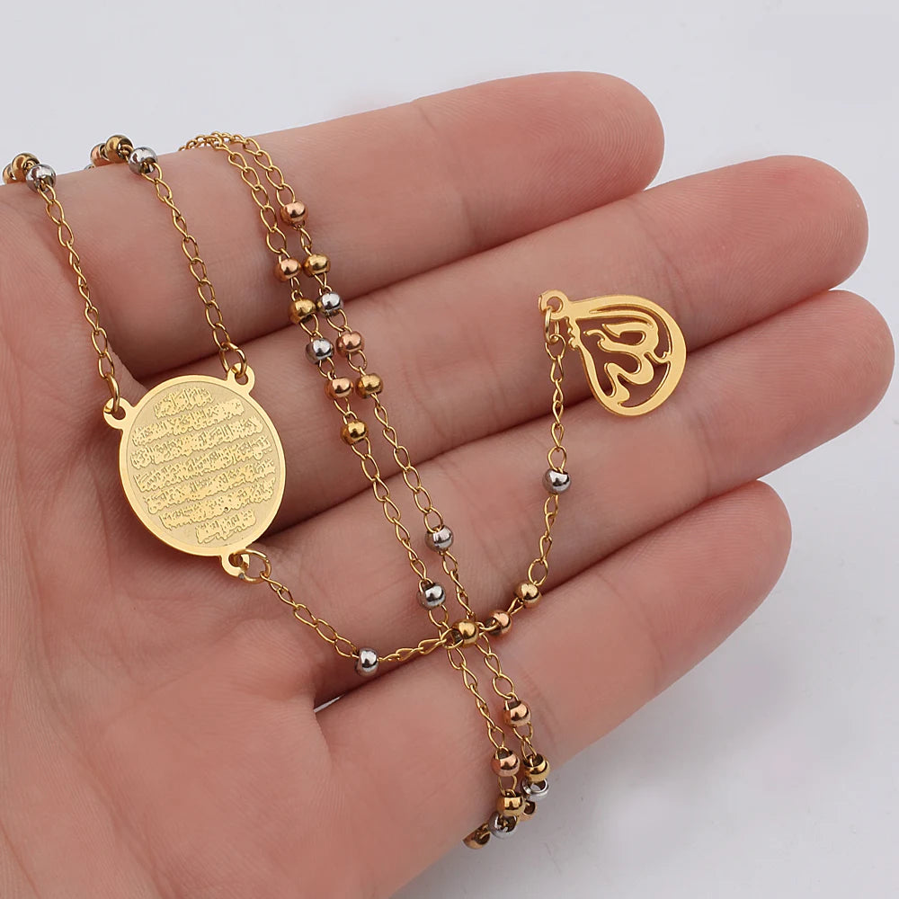 Muslim Arabic Printed Pendant Necklace Stainless Steel Long Chain Necklaces Mixed Color Beads Rosary Jewelry